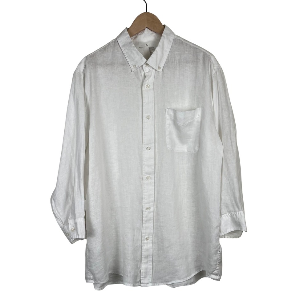 Muji Mens XL White 100% Linen Button Down Shirt 3/4 Sleeve Minimalist Coastal